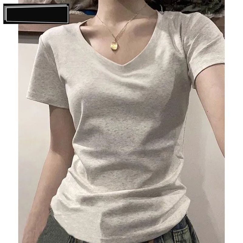 春夏の女性向けの新しい純綿右肩Vネック半袖Tシャツ、スリムで万能なアメリカンスリムトップ、インナーレイヤリングシャツ|undefined