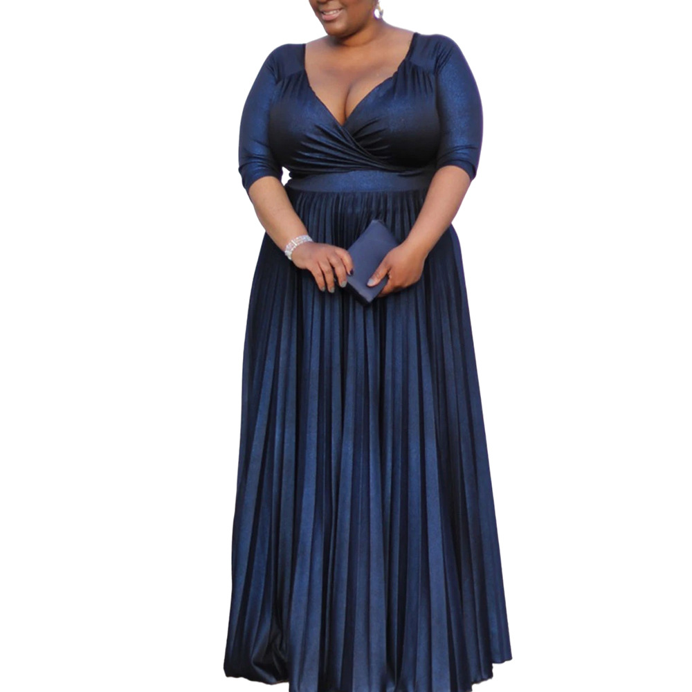 women s V-neck pleated plus size dress nihaostyles clothing wholesale NSCYF80214