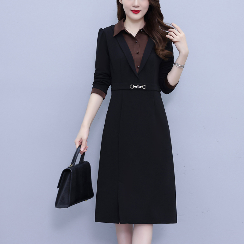 New Style 2650 Two-Piece Look Lapel Long-Sleeve Dress, Fashionable and Stylish for Moms, Mid-Length Slim-Fit Dress