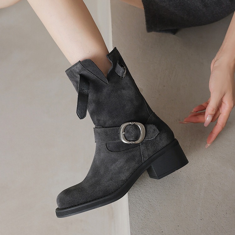 牛皮短靴女堆堆靴2025秋冬圆头时尚皮带扣骑士靴马丁靴西部牛仔靴