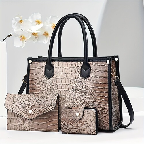 Elegant Romantic Women's Bag Crocodile Print Three-piece Set