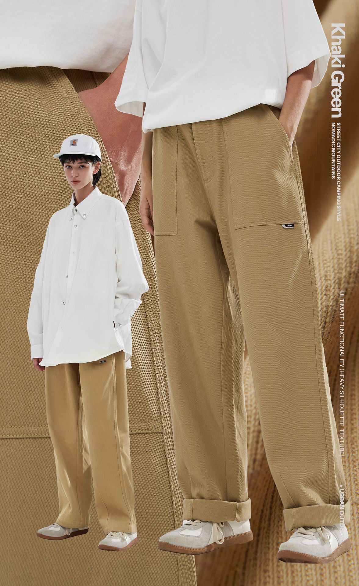 卡其绿系列双线斜纹山系刺绣纯色工装裤重磅复古休闲裤