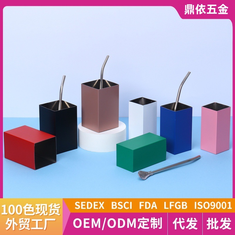 국경 간 신제품 304 스테인레스 스틸 보온병 컵 소용량 핸디 컵 국자와 밀짚 커피가 포함된 사각형 마트료시카 물컵