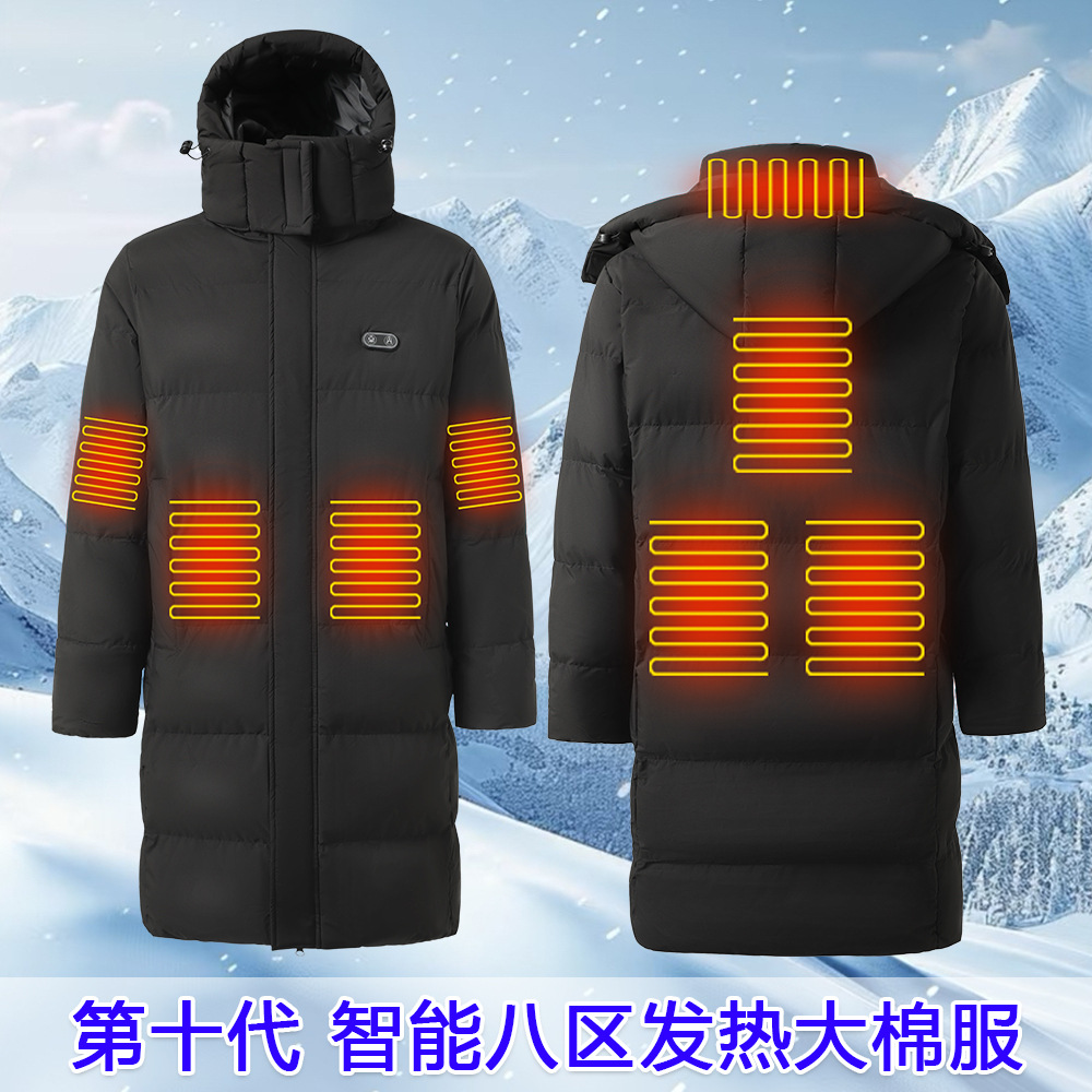 Cross-Border Smart Heating Clothing Hooded Cotton Coat Winter Heated Jacket Men and Women Long Over-The-Knee Constant Temperature Warm Cotton Coat