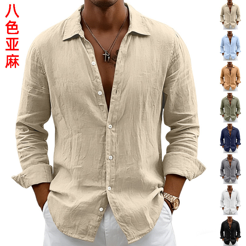 Cross-Border Amazon Foreign Trade Men's Spring New Solid Color Thin Loose Cardigan with Turn-Down Collar Versatile Linen Long-Sleeve Shirt