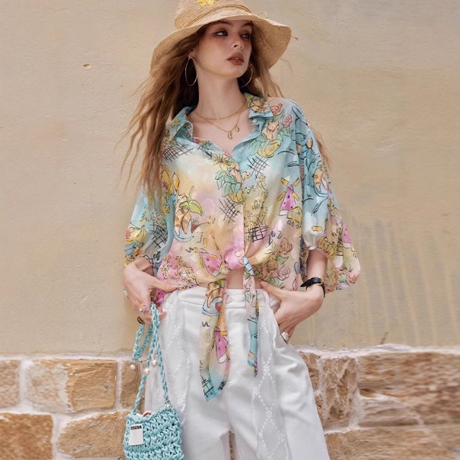 Fairy's Pocket Fun Printed Lace-Up Long Sleeve Shirt 2025 Summer New Resort Style Beach Top