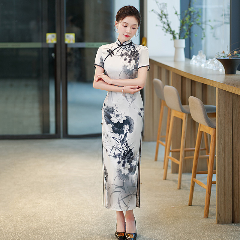 雙層側八扣短袖長款改良旗袍2024新款女走秀演出服裝廠家一件代發