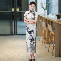 雙層側八扣短袖長款改良旗袍2024新款女走秀演出服裝廠家一件代發