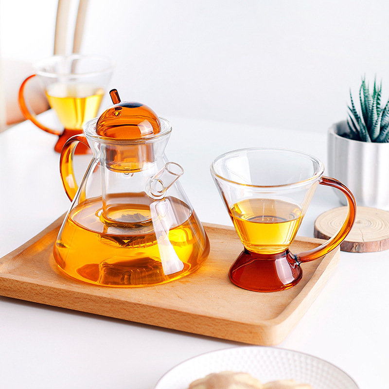 高硼硅耐热玻璃茶具 创意琥珀色玻璃水壶 花茶壶 简约咖啡壶