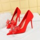 18249-H38 European and American style banquet high heels, slim heels, satin, shallow mouthed pointed rhinestones, lace bow single shoes