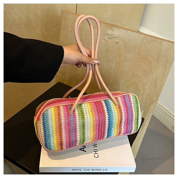 Women's Medium Straw Rainbow Vacation Classic Style Weave Oval Zipper Straw Bag display picture 18