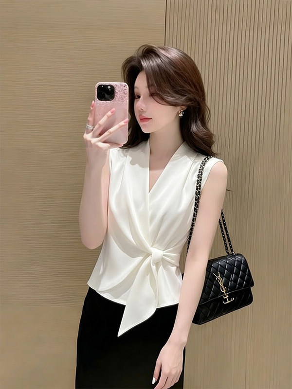 Áo sơ mi nữ không tay cổ V thắt nơ phong cách Pháp — màu trắng