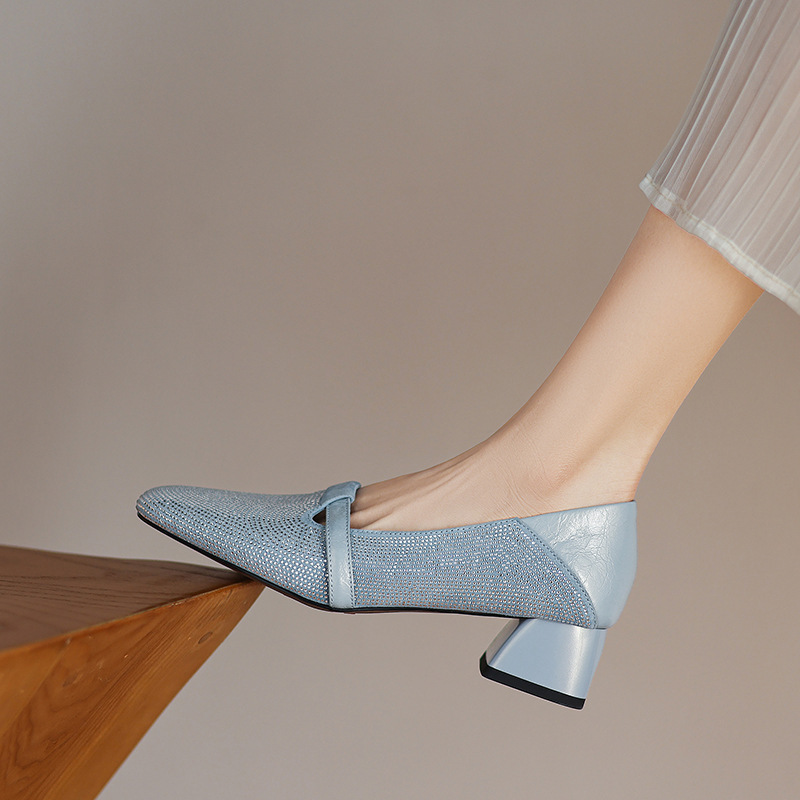 French-Style Color-Blocked Sheepskin Mid-Heel Single Shoes for Women, 2025 Summer Square-Toe Mid-Cut Perforated Slip-On Small Leather Shoes