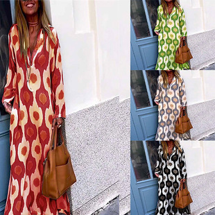 2023 cross-border Europe and the United States autumn and winter new independent station AliExpress fashion unique printing v collar long dress