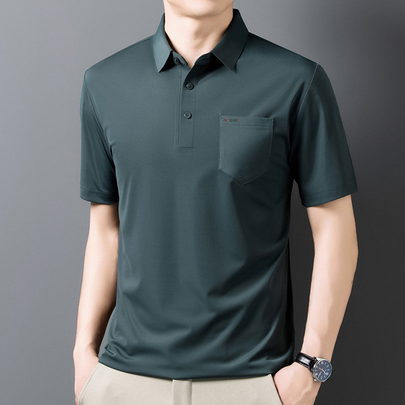中年男性半袖Tシャツ夏通気性ラペルポロシャツカジュアルハイエンドリアルポケットお父さんTシャツ|undefined
