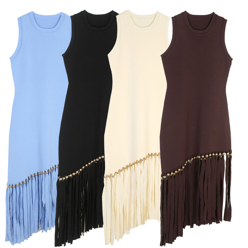 French-Style Elegant Long Dress for Women, S Brand, New Spring/Summer Tassel Slim-Fit Retro Knit Sleeveless Slimming Bodycon Dress for Women