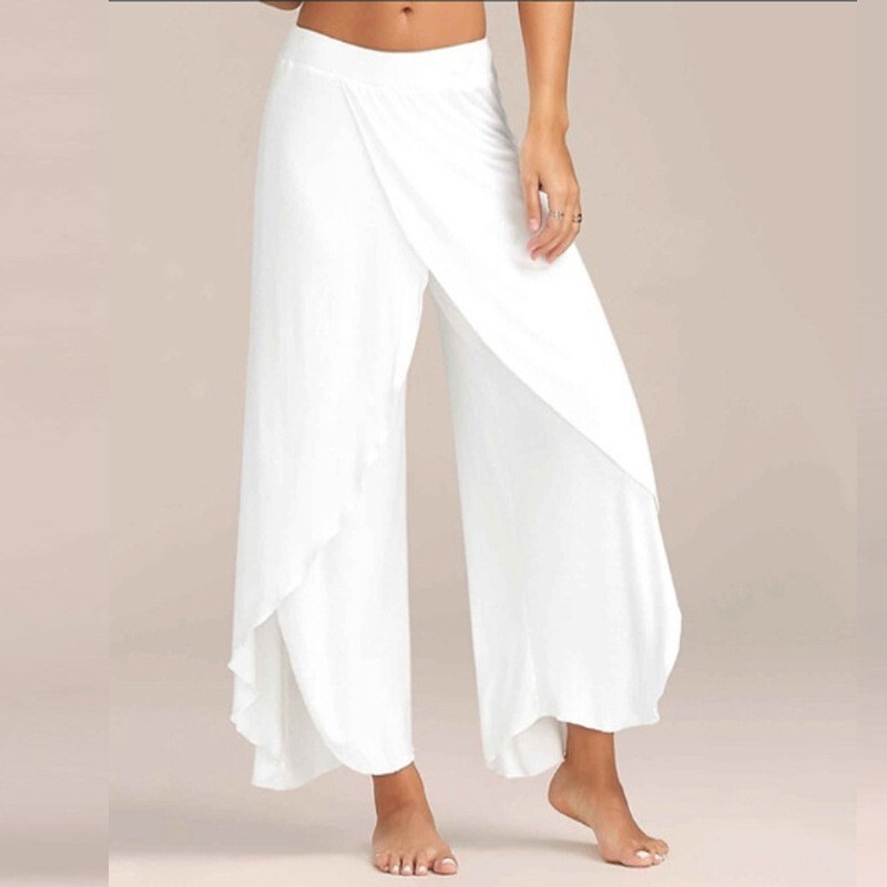 Popular Summer Casual Flowy Solid Color Split Hem Women's Pants Sexy Cross-Over Wide-Leg Yoga Pants