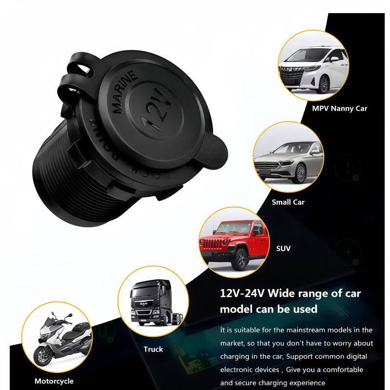 Car, Truck, Motorcycle, Electric Vehicle Modified Cigarette Lighter Socket 12-24V Black Without Light Cross-Border Hot-Selling Car