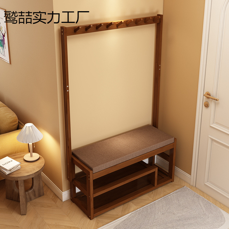 Shoe Cabinet Coat Rack Integrated Floor-Standing Bedroom Home Living Room Door Clothes Rack Shoe Rack Shoe Changing Stool Simple Solid Wood