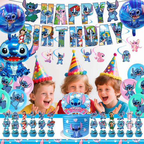 Interstellar Studios Stitch Theme Birthday Party Kit Latex Balloons Banner Bunting Cake Topper Kit