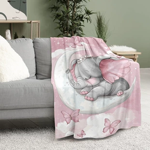 Розовый летний плед-накидка с облаками и слоном фланель