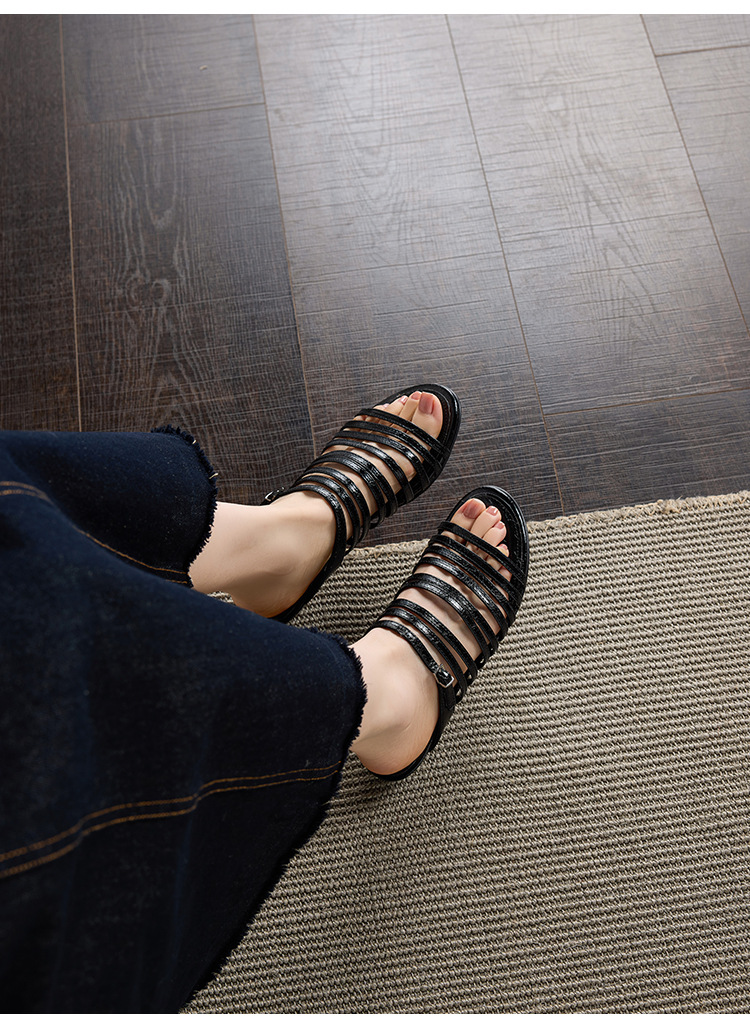 Dép sandal nữ quai chữ V đế bệt dây da bò phong cách La Mã — màu nâu chi tiết 11