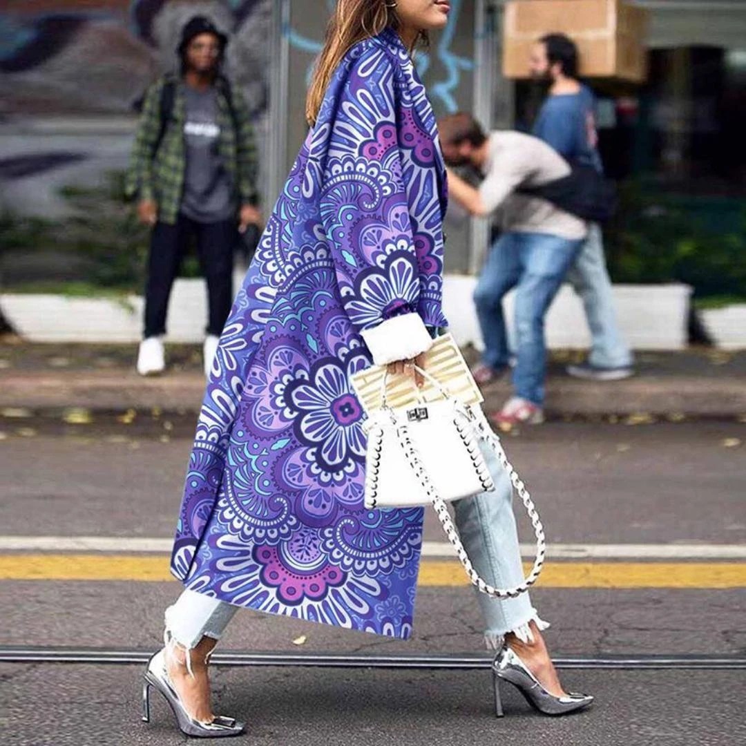 Abrigo Largo de Lana Estampado para Mujer de Tela de Lana, Engrosado, Manga Larga, para Invierno