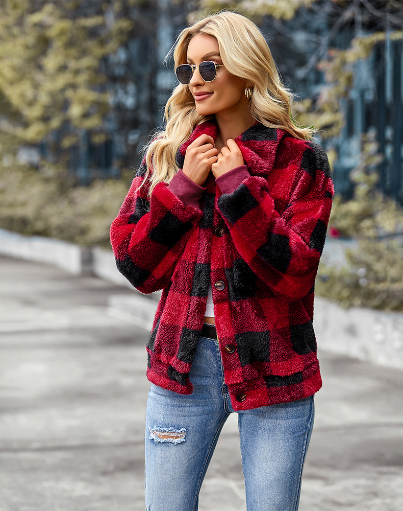 Femmes Mode Plaid Poche Unique Poitrine Manteau Manteau En Laine display picture 5