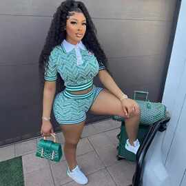 2025新款欧美风数码印花露脐短袖短裤套装时尚休闲运动两件套