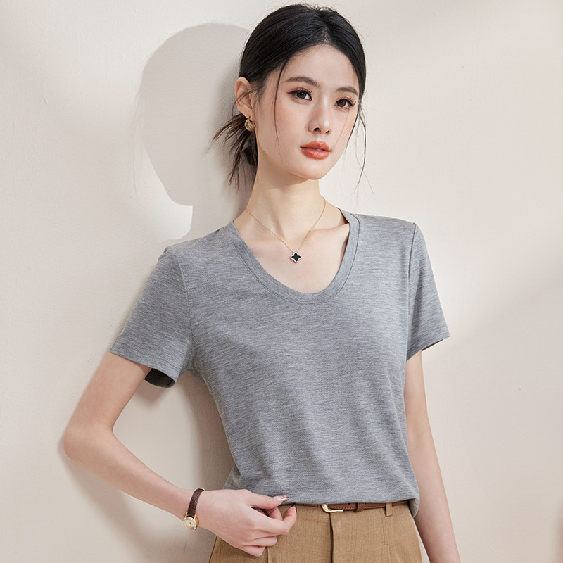 U领T~百搭显瘦气质女士T恤单面莱赛尔羊毛醋酸黄金比例混纺女上衣