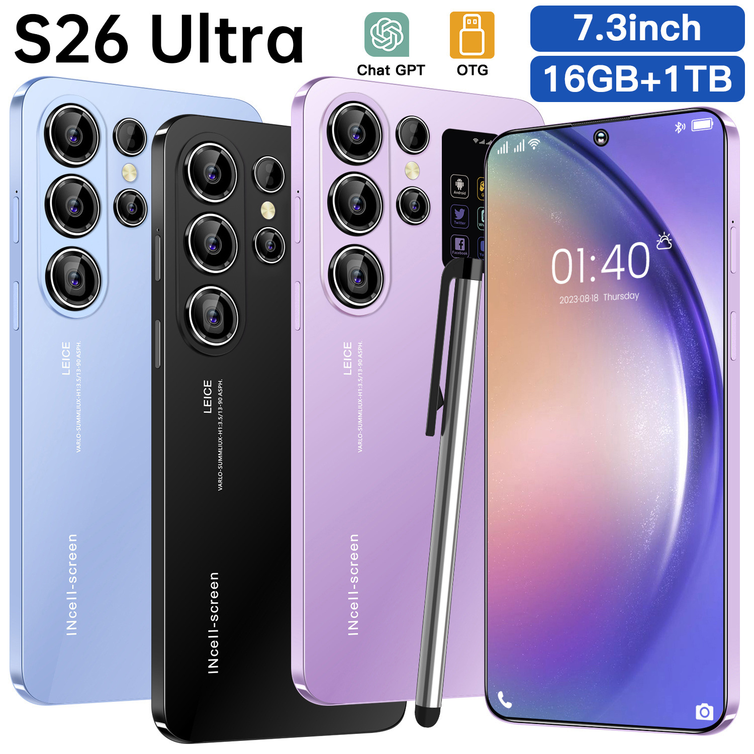 新款S26 Ultra跨境手机16+1T真4G侧边指纹AI智能外贸手机源头厂家