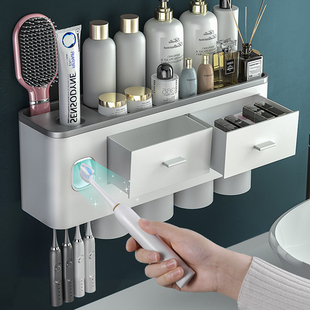 Toothbrush and Toothpaste Storage Rack 2025 New Punch-Free Bathroom Wall-Mounted Toothpaste Rack Automatic Toothpaste Squeezer