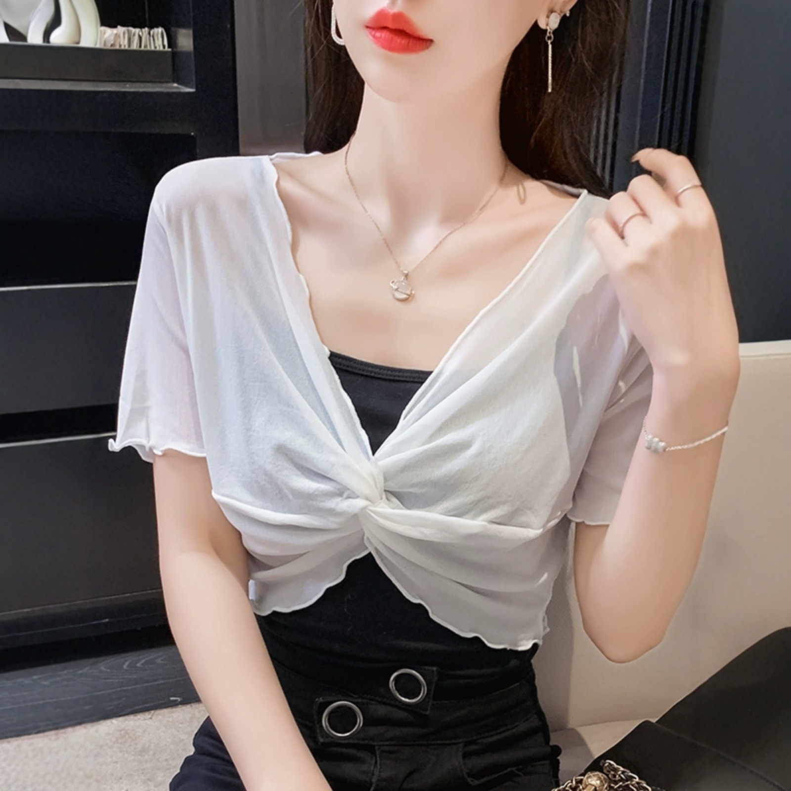 Ning Xinyi Mesh Cover-up Short-Sleeve Chiffon Blouse, Women's Slim Fit Short Outerwear Thin Sun Protection Shawl Top