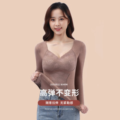 Women's Long Sleeve Lace with Breast Pad Winter Warmth-Generating Invisible Shaping Underwear Top Sexy Collar