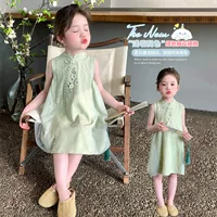 Платье без рукавов в древнем стиле Cheongsam для девочек, лето 2025, новая детская тонкая юбка из чистого хлопка в национальном стиле династии Хань