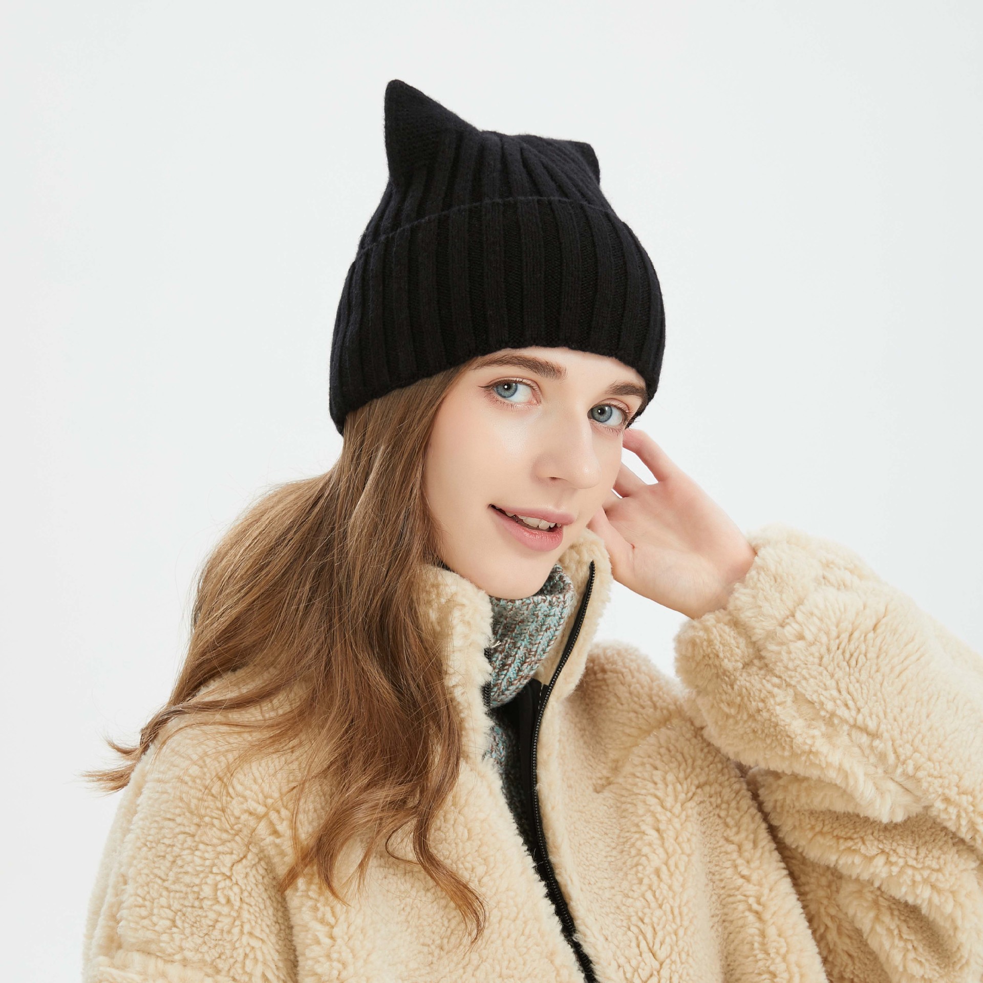 Orejas de gato 100% sombrero de lana invierno de las mujeres versátil otoño e invierno cálido sombrero de punto moda engrosada sombrero de lana de invierno