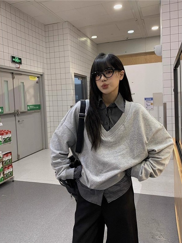 miu系假两件Polo衫卫衣男款春秋撞色条纹拼接长袖t恤cleanfit衬衣|undefined