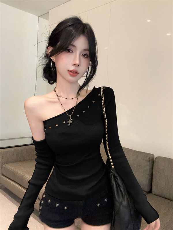 酷飒拽姐甜辣妹一字肩袖套上衣女秋冬斜肩针织打底衫内搭露肩毛衣|undefined
