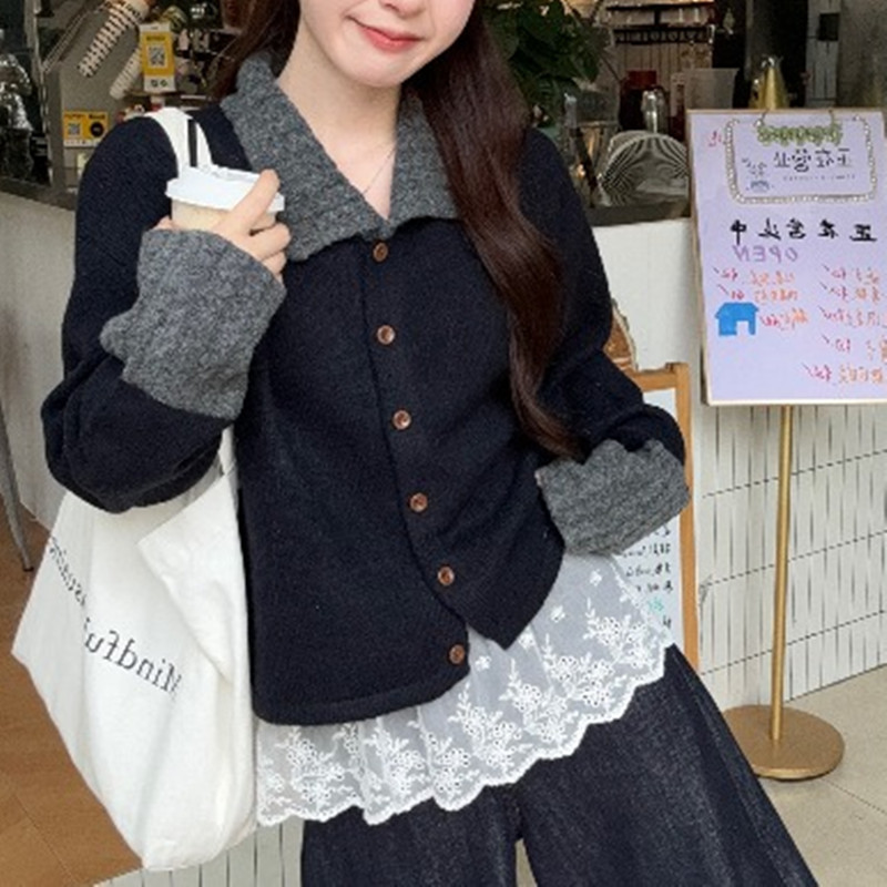 2025秋季新款复古撞色条纹女式毛衣休闲Polo领针织开衫上衣百搭款|undefined