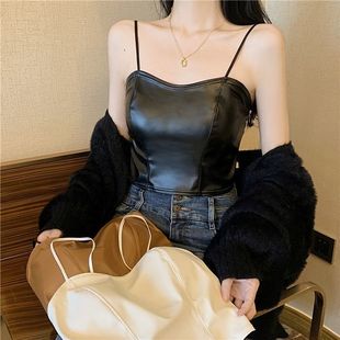 Hong Kong Style Elegant PU Leather Small Sling Spice Girl Sleeveless Vest without Steel Ring Inner Wearing Outer Wearing Beautiful Back Pleated Chest Wrap