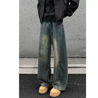 春秋季新款美式复古蓝弯刀牛仔裤男款cleanfit设计感斜切阔腿长裤