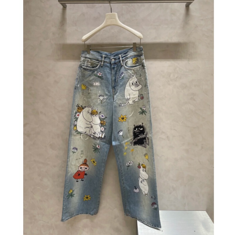 25Ss Nanyou Haute Couture/Buyer Store Niche Ac Designer Co-Branded Cartoon Moomin Printed Wide Leg Jeans for Women