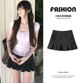 黑色波点裙女夏季薄款超好看半身短裙小个子防走光高腰a字百褶裙