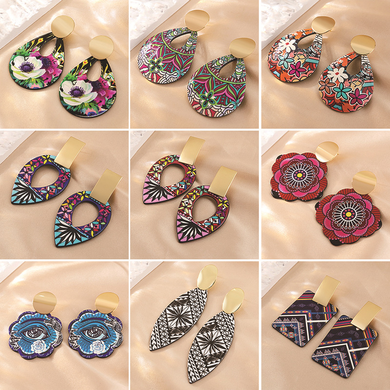 Daily Occasion Acrylic Material 1 Pair Casual Ethnic Style Round Heart Shape Flower Plating Acrylic Drop Earrings