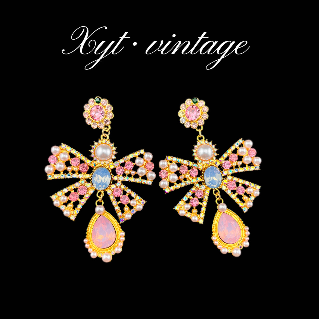 Fashionable glass elegant cute earrings pearl with bow