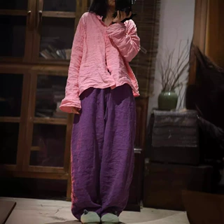24/3 SN29 春款宽松文艺休闲纯色亚麻抽绳腰阔腿长裤