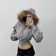 tk新品美式毛领连帽卫衣外套拉链开春春秋款短款设计上衣短款外套
