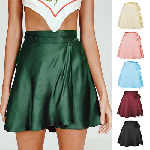Summer Solid Color High-Waisted Fashion One-Piece Belted Short Skirt Chiffon Satin Wrap Dress