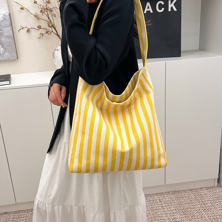 Striped Soft Canvas Bucket Magnetic Snap Tote Bag 2