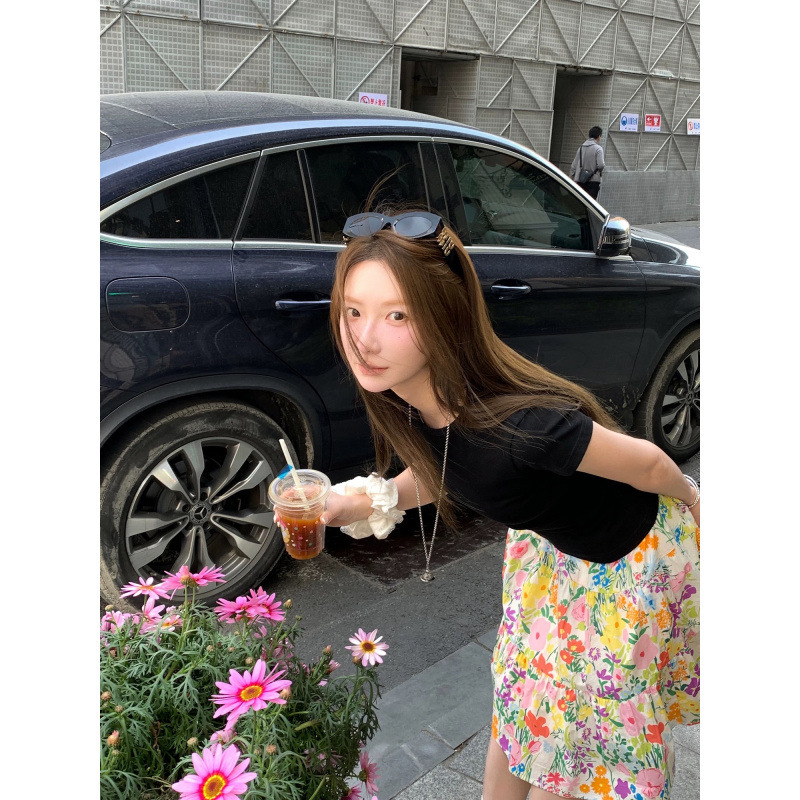 カラフルな花柄黄色の花柄ルーズスカート女性の夏のミドル丈スカート|undefined